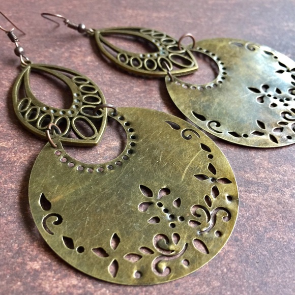 Hand Crafted Jewelry - Handmade bronze filigree boho crescent earrings